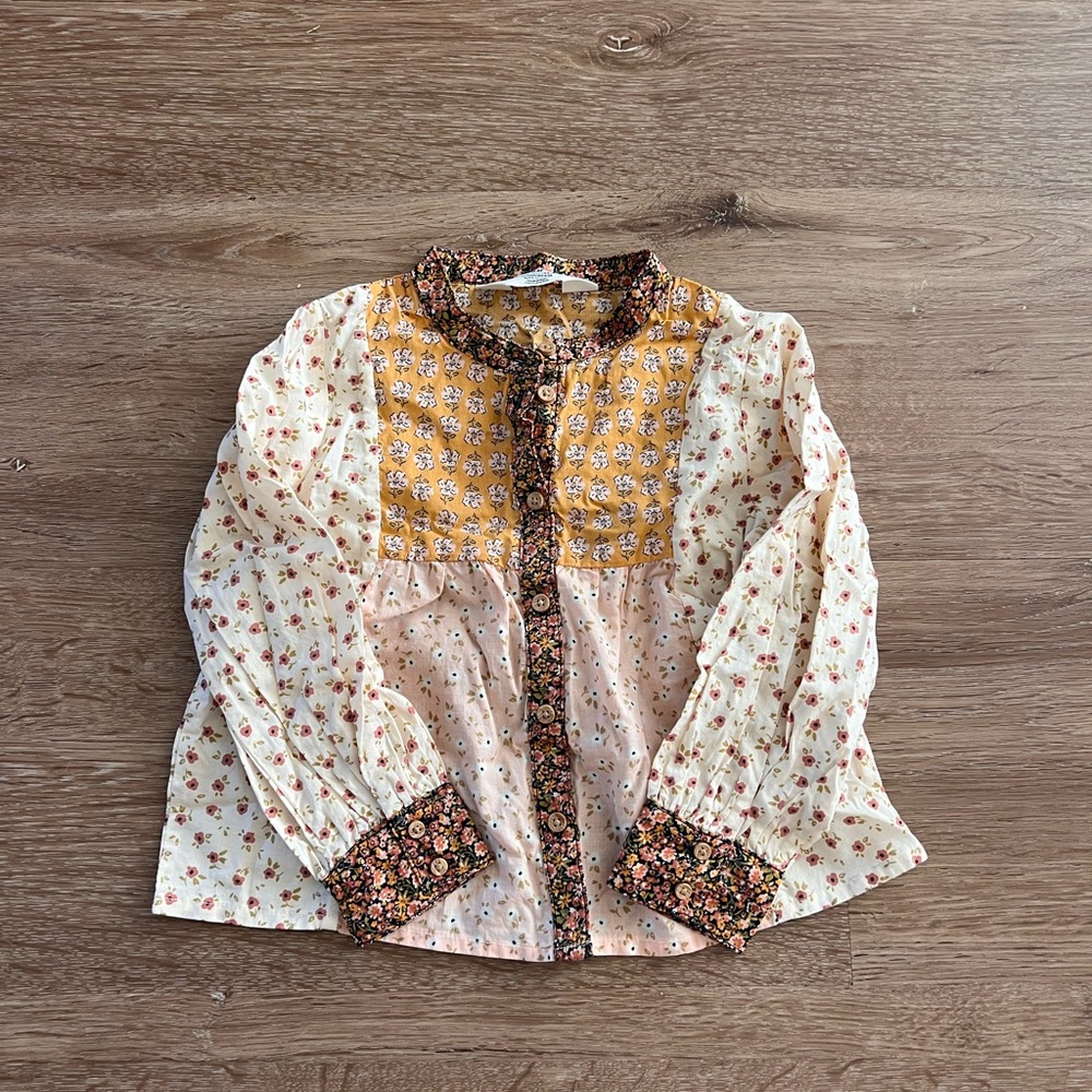 Zara Girls Floral Patchwork Long-Sleeve Top - Yellow & Cream